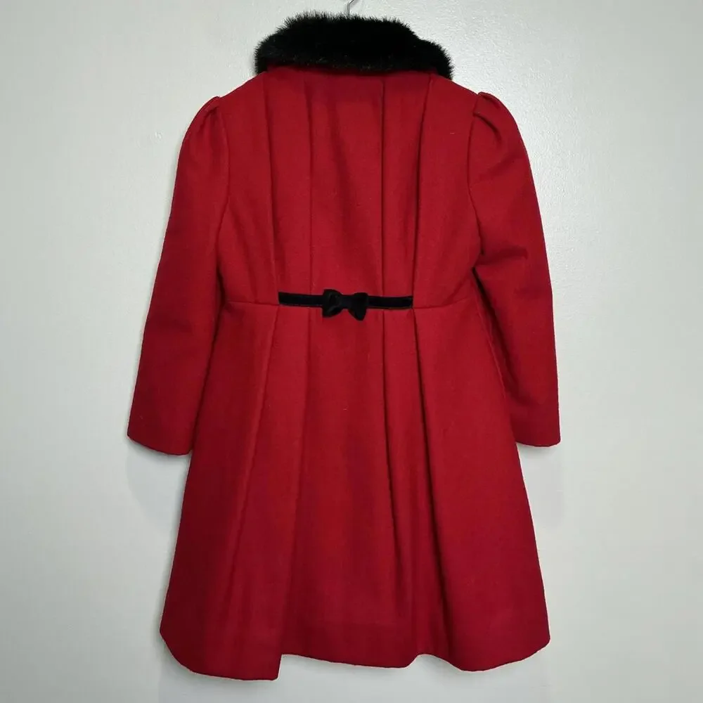 Vintage Rothschild Girls Red Wool Dress Coat Fur Trim Size 5 Union Made In‎ USA